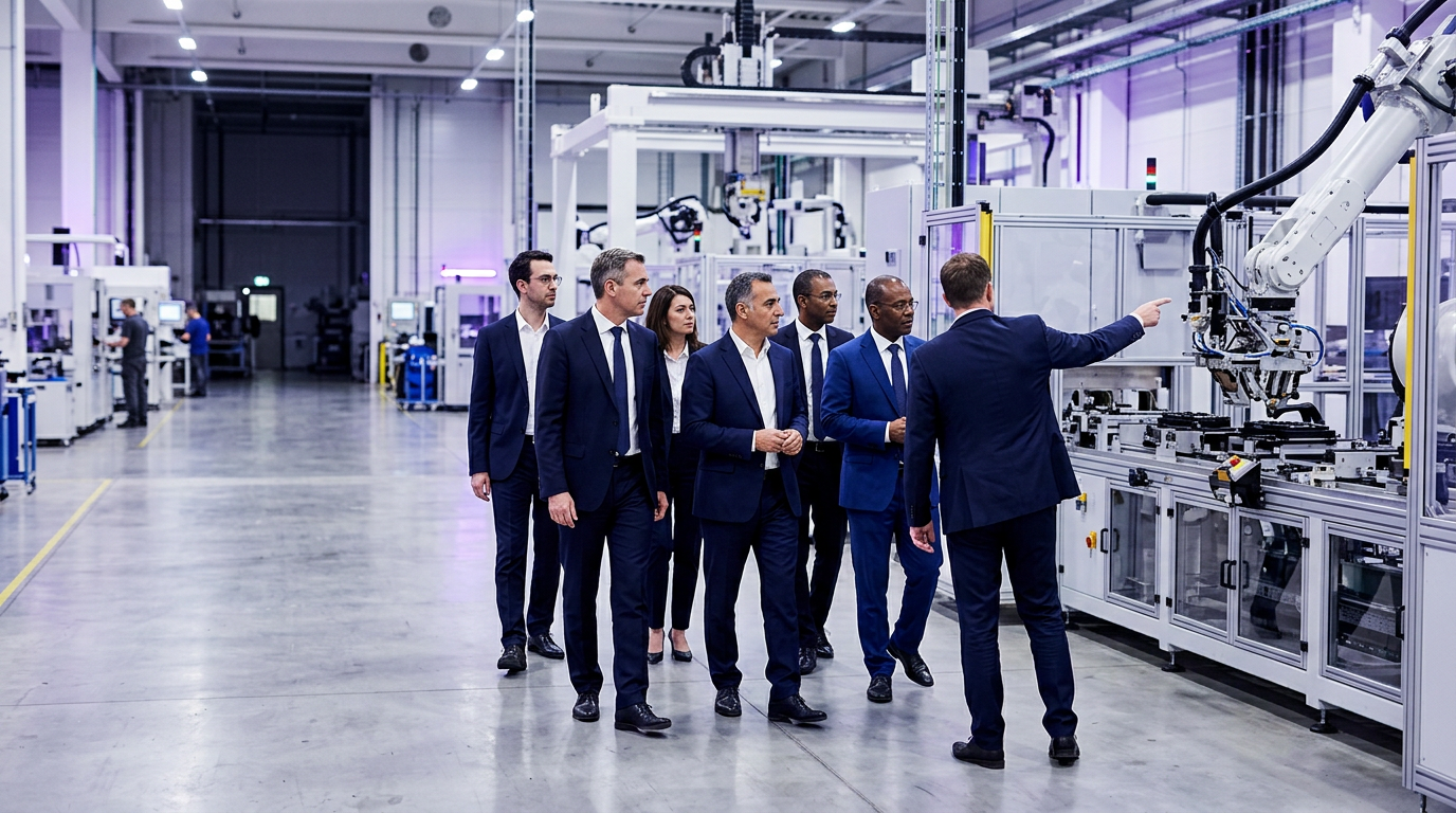 International trade delegation visiting a modern manufacturing facility